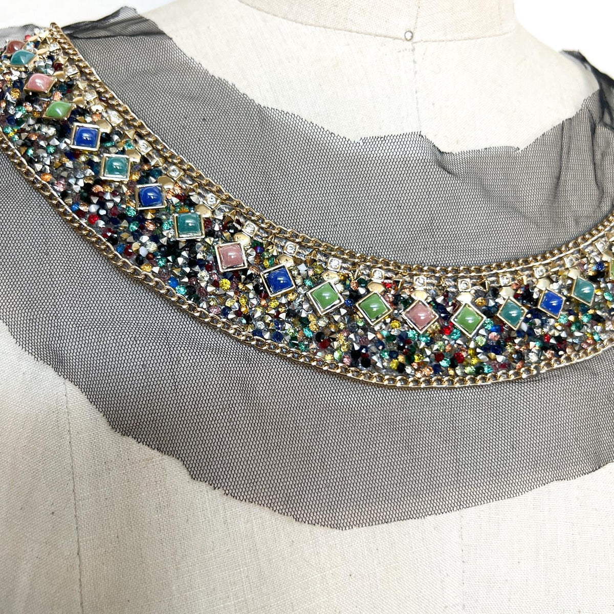 Gold Chain and Rhinestone Neck Applique Front Applique for DIY Sewing Supplies Craft Notions