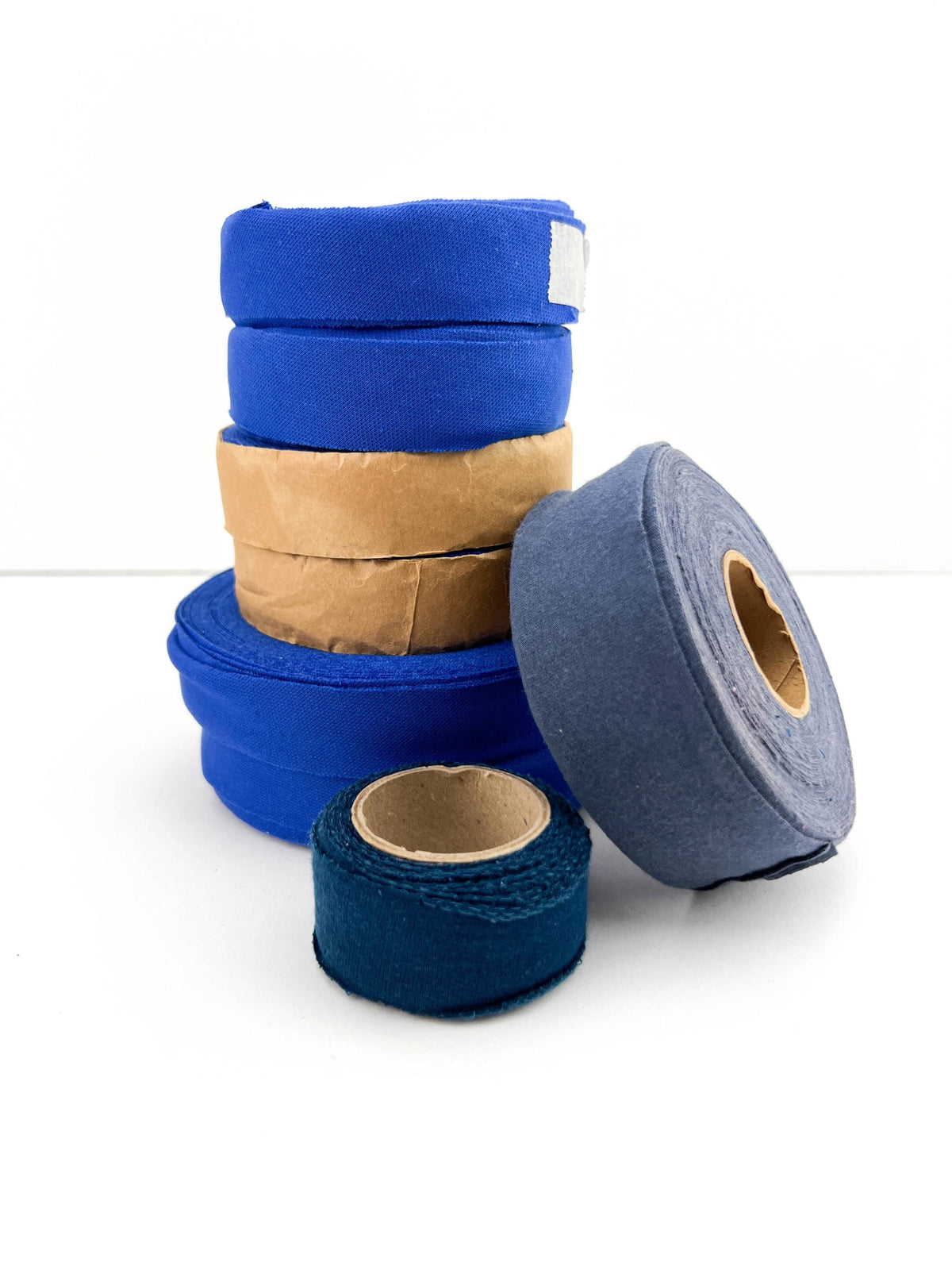 Blue knit bias tape bundle, 8 rolls in royal blue, blue gray and dark teal
