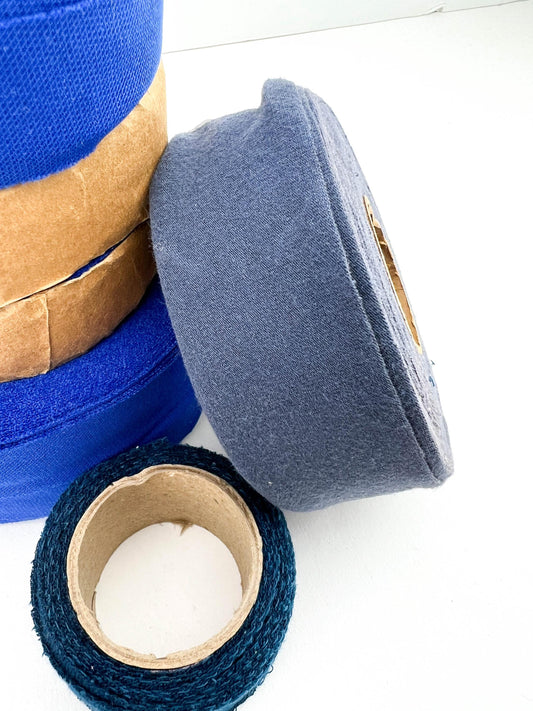 Blue knit bias tape bundle, 8 rolls in royal blue, blue gray and dark teal