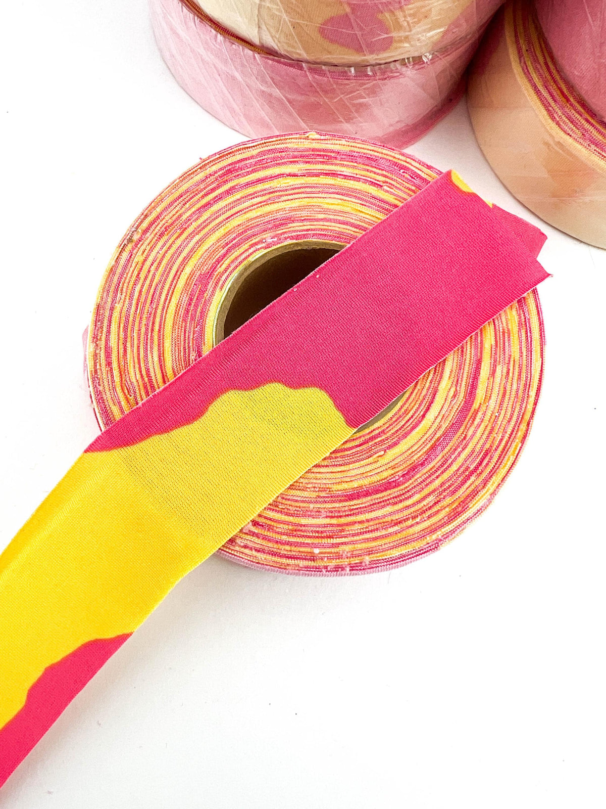 Yellow and pink camo print knit bias tape bundle, 7 rolls