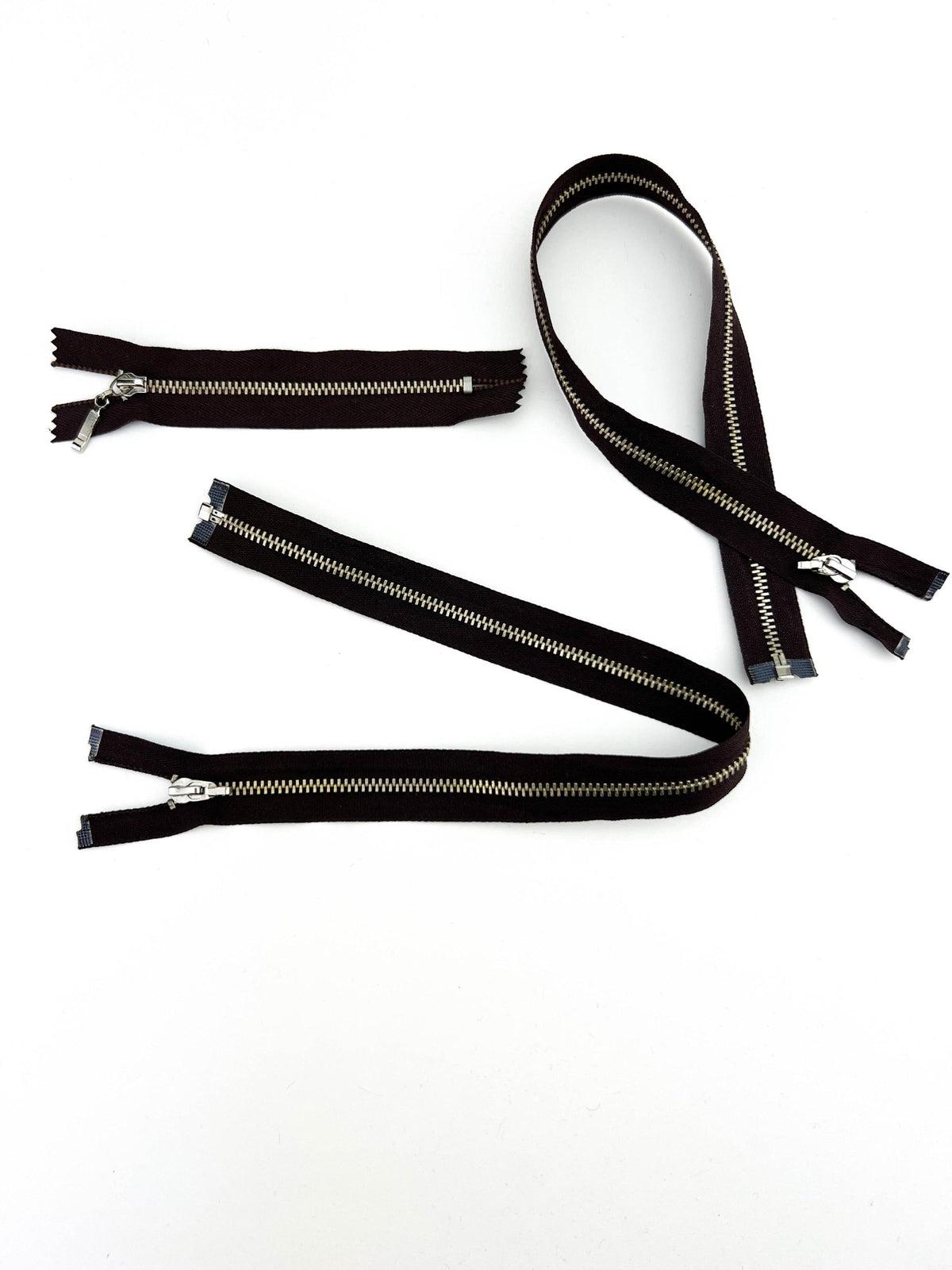 Dark brown zippers with nickel metal teeth and no pulls, set of 3