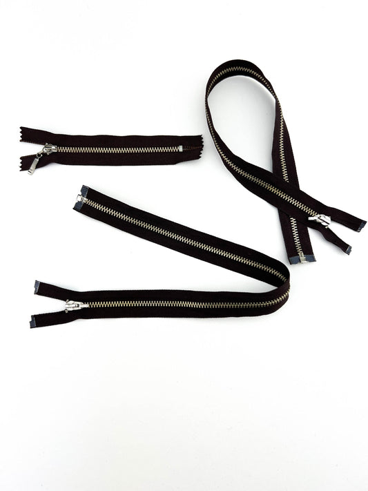 Dark brown zippers with nickel metal teeth and no pulls, set of 3