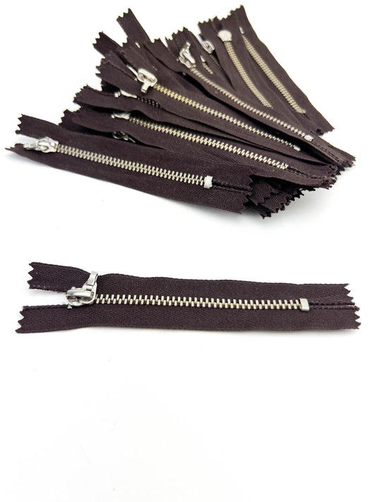 Dark brown 4 inch zippers with nickel metal teeth and no pulls, 24 pack