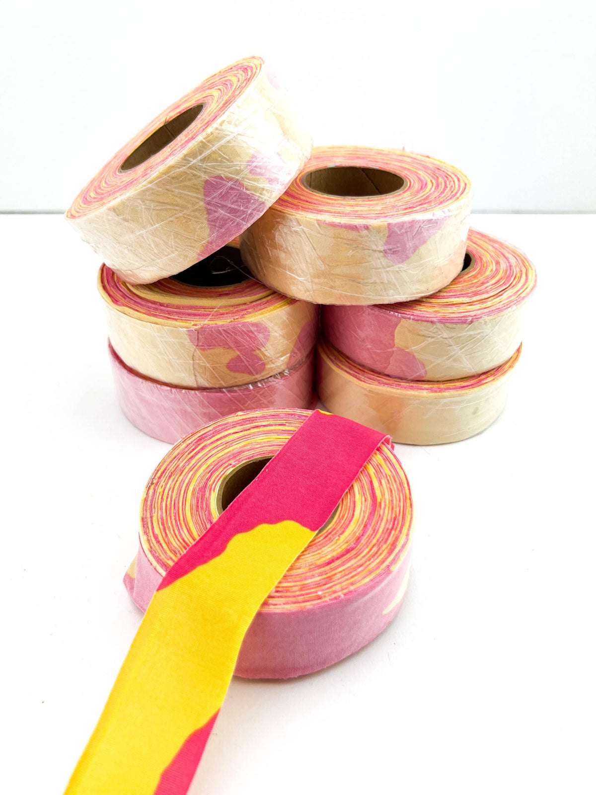Yellow and pink camo print knit bias tape bundle, 7 rolls