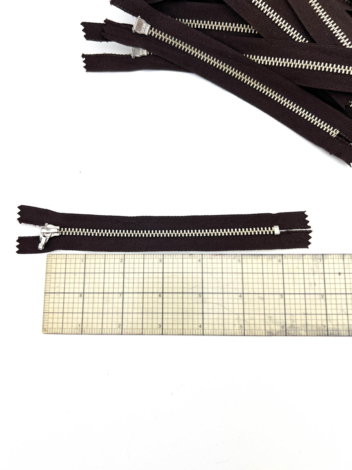 Dark brown 6 inch zippers with nickel metal teeth and no pulls, 44 pack