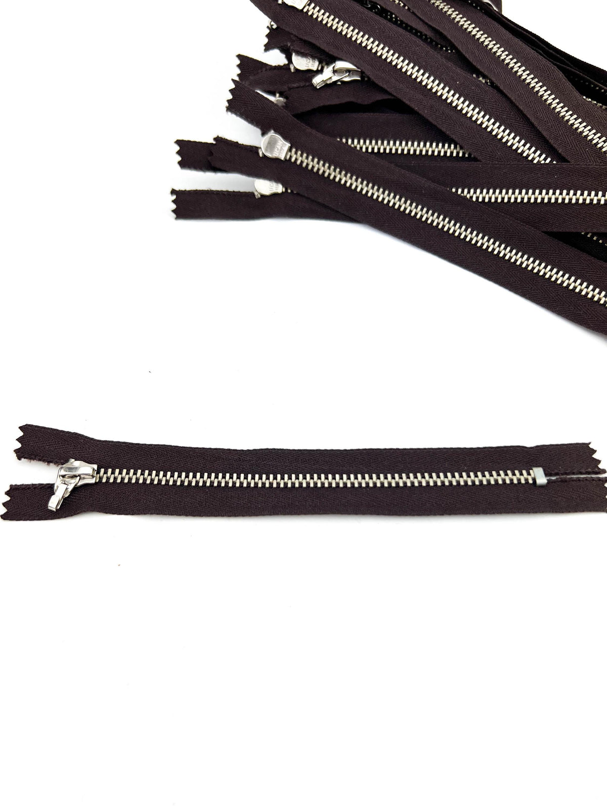 Dark brown 6 inch zippers with nickel metal teeth and no pulls, 44 pack