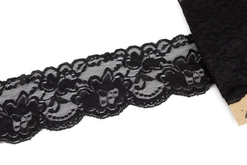 Black Floral Stretch Lace Trim 3-1/8 inches width x 6 yards - Felinus Fabrics