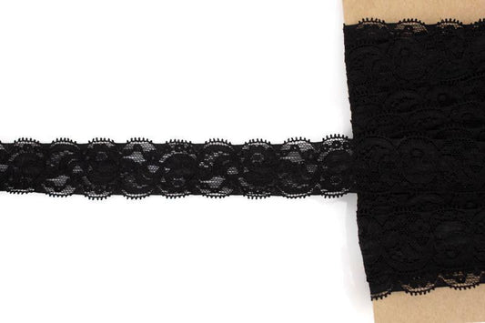 Black Floral Stretch Lace Trim 1-3/8 inches width x 5 yards - Felinus Fabrics