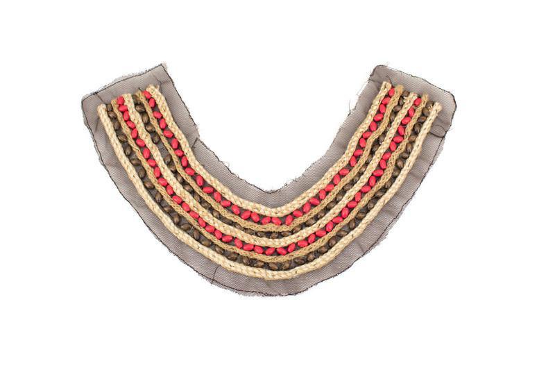 Coral Red Beige and Brown Beaded Braided on Mesh Applique APP00205 - Felinus Fabrics