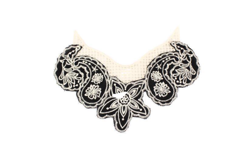 Black and Cream Embroidered Floral Cotton Applique - Felinus Fabrics