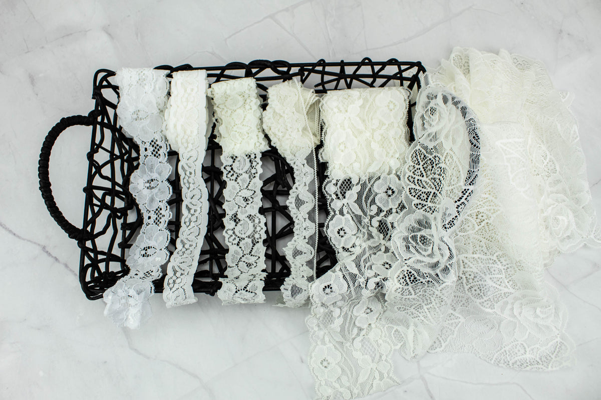 White and Cream Stretch Lace Trim Scrap Pack Scrap Bundle 6 pieces of 1-2 yards each SPK00122 - Felinus Fabrics