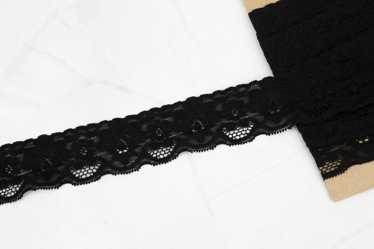 Black Floral Scalloped Stretch Lace Trim 1.75 inches width x 3.75 yards - Felinus Fabrics