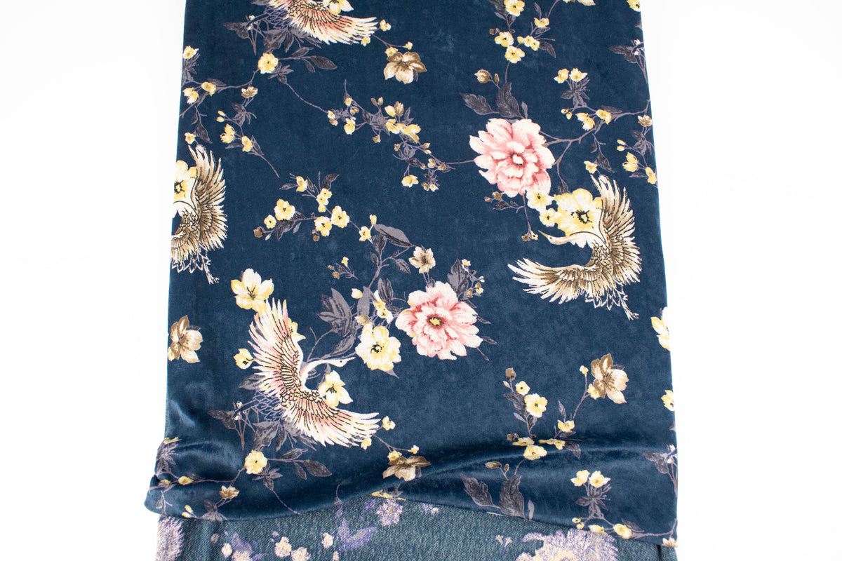 Dark Teal Floral Bird Stretch Velvet Knit Fabric 2.5 yards PDK00697 - Felinus Fabrics