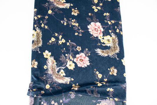 Dark Teal Floral Bird Stretch Velvet Knit Fabric 2.5 yards PDK00697 - Felinus Fabrics