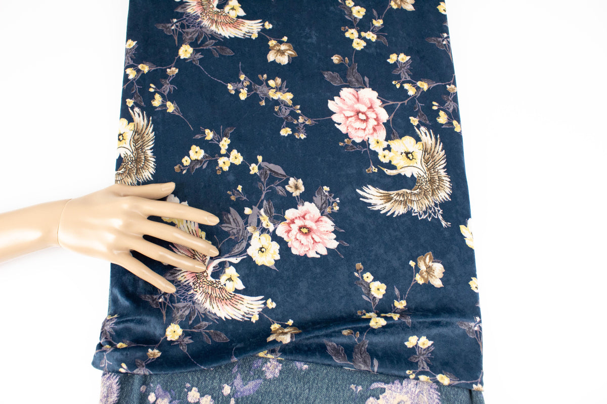 Dark Teal Floral Bird Stretch Velvet Knit Fabric 2.5 yards PDK00697 - Felinus Fabrics