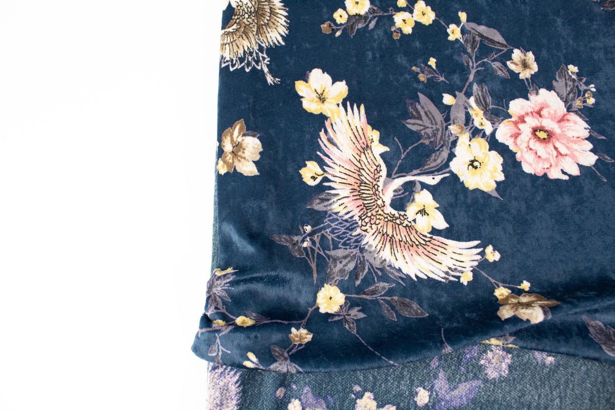 Dark Teal Floral Bird Stretch Velvet Knit Fabric 2.5 yards PDK00697 - Felinus Fabrics