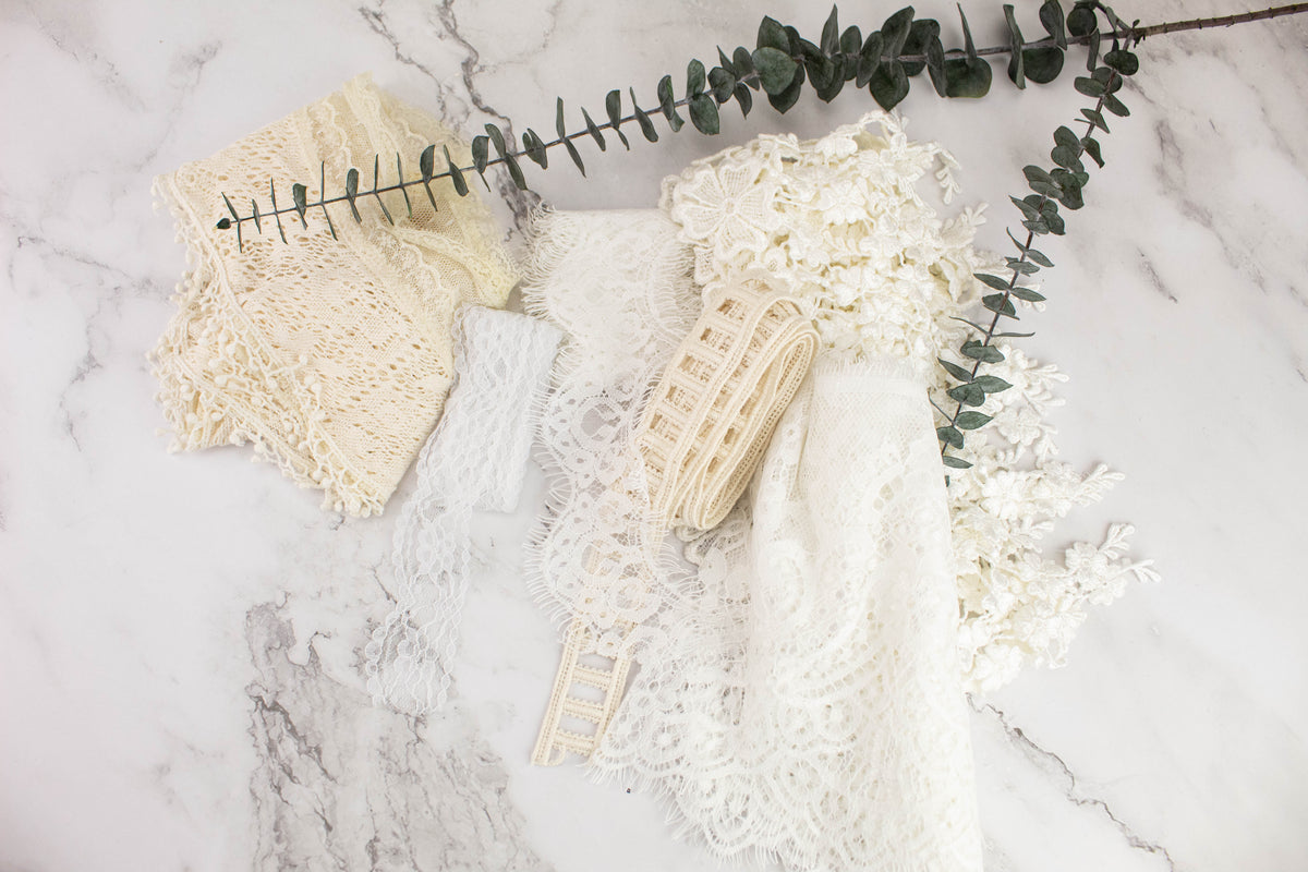 White Cream Ecru Variety Lace Trim Scrap Pack Scrap Bundle 6 pieces of 1-2 yards each