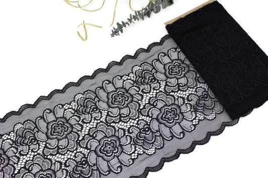 Black Wide Floral Stretch Lace Trim Remnant 3 yards 15 inches - Felinus Fabrics