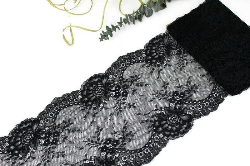 Black Wide Floral Stretch Lace Trim Remnant 2.5 yards - Felinus Fabrics