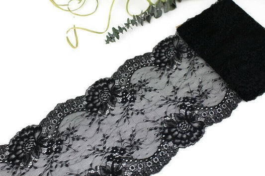 Black Wide Floral Stretch Lace Trim Remnant 2.5 yards - Felinus Fabrics
