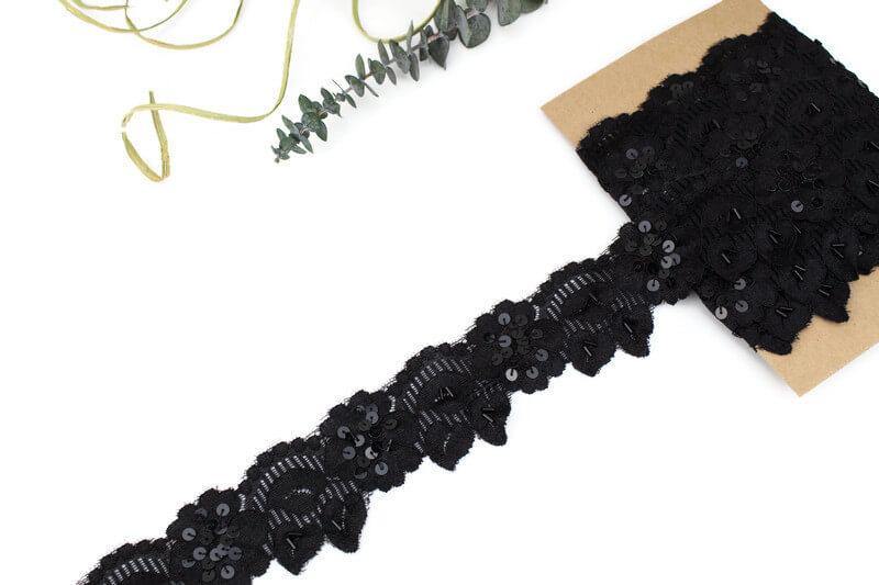 Black Sequined Beaded Floral Stretch Lace Trim Remnant 4.5 yards - Felinus Fabrics