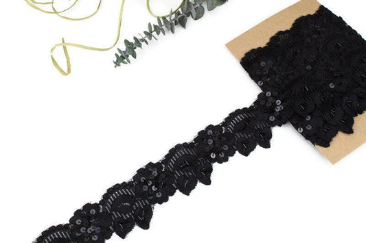 Black Sequined Beaded Floral Stretch Lace Trim Remnant 4.5 yards - Felinus Fabrics