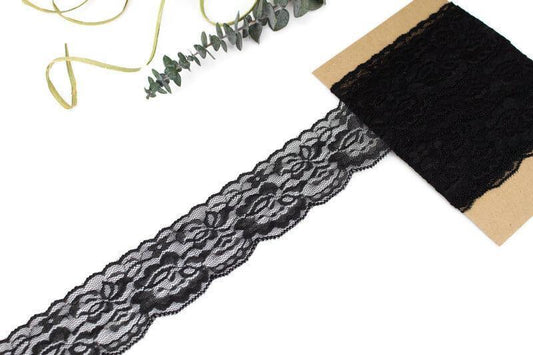 Black Floral Stretch Lace Trim Remnant 4 yards 24 inches length - Felinus Fabrics