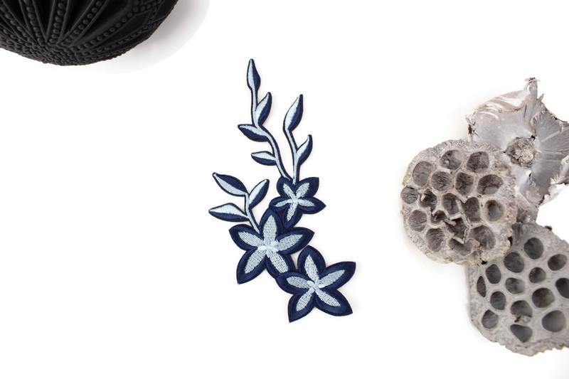 Blue Floral Embroidered Iron On Patch Applique - Felinus Fabrics