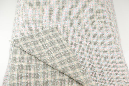Pink Gray Wool Blend Plaid Tweed Fabric Italian Woven by the Yard
