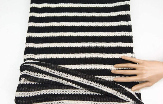 Black and Cream Stripe Open Weave Sweater Knit Fabric 1 Yard and 25 Inches - Felinus Fabrics