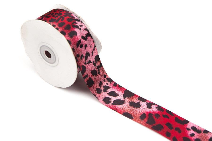 Double Face Satin Trim Red Pink Leopard Print 1.5 Inches Width  5 yards - Felinus Fabrics
