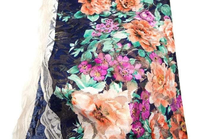 Blue Purple Orange Floral Metallic Fancy Lace Fabric Non Stretch 1.75 Yards - Felinus Fabrics