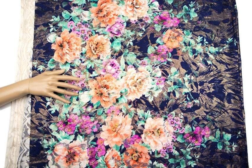 Blue Purple Orange Floral Metallic Fancy Lace Fabric Non Stretch 1.75 Yards - Felinus Fabrics