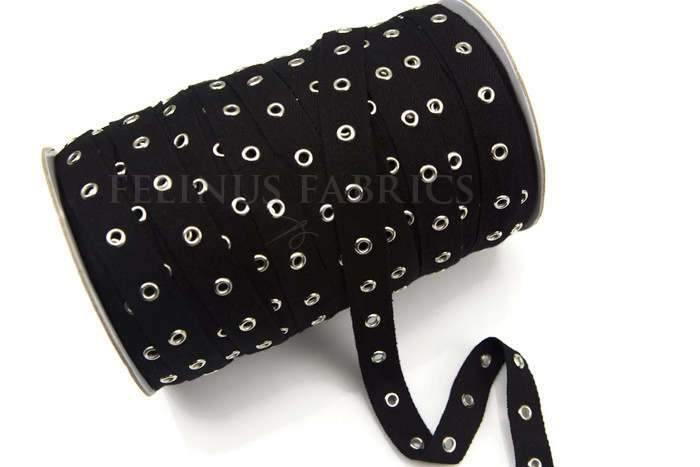 Black Grommet Tape with Nickel Eyelet Cotton Twill Tape on Trim by the Yard - Felinus Fabrics
