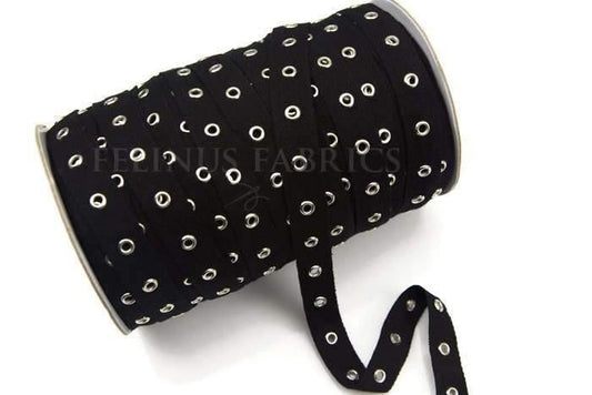 Black Grommet Tape with Nickel Eyelet Cotton Twill Tape on Trim by the Yard - Felinus Fabrics