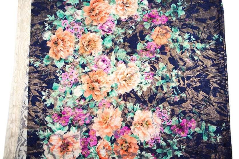 Blue Purple Orange Floral Metallic Fancy Lace Fabric Non Stretch 1.75 Yards - Felinus Fabrics