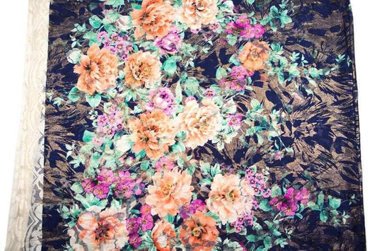Blue Purple Orange Floral Metallic Fancy Lace Fabric Non Stretch 1.75 Yards - Felinus Fabrics
