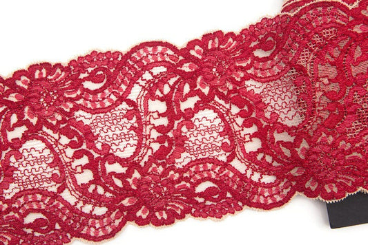Red and Ecru Wide Floral Stretch Lace Trim by the yard