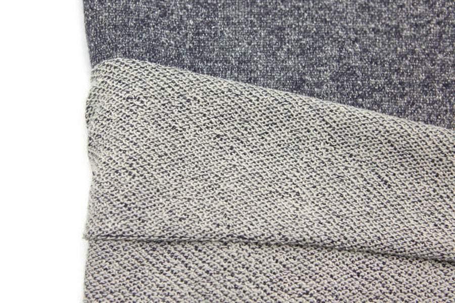 Heather Dark Blue Metallic Silver and Off White French Terry Knit Fabric by the yard Extra Wide FTK00408R - Felinus Fabrics