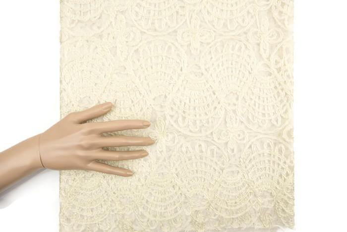 Cream Fancy Embroidered Mesh with Glitter Fabric by the yard LMS00136R - Felinus Fabrics