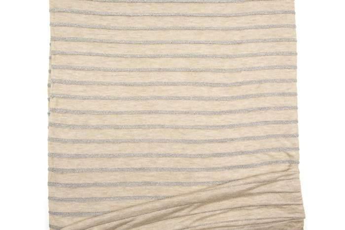 Beige and Metallic Silver Plated Stripe Sweater Knit Fabric 3/4 yard Extra Wide - Felinus Fabrics