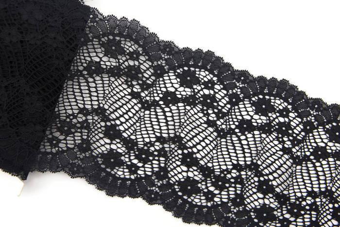 Black Wide Floral Stretch Lace Trim by the yard - Felinus Fabrics