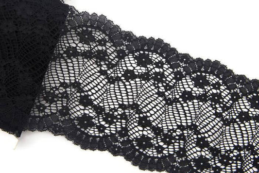Black Wide Floral Stretch Lace Trim by the yard - Felinus Fabrics