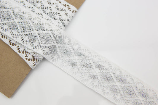 White and Metallic Silver Cotton Lace Trim 2 yards and 28 inches NLT00213 - Felinus Fabrics