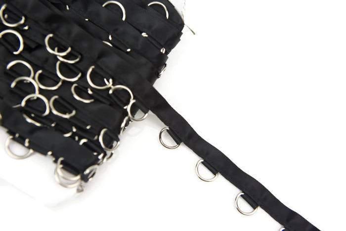 Nickel D Ring Tape on Black Satin Trim by the yard ATN00504 - Felinus Fabrics