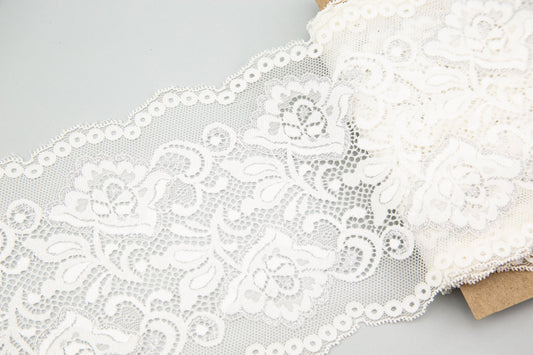 White and Silver Floral Wide Stretch Lace Trim 5-5/8 inches width 5.75 yards