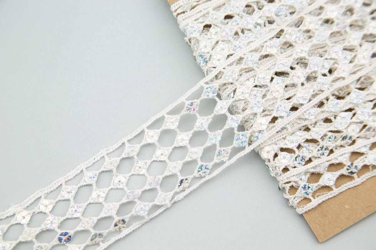 White and Metallic Silver Sequins Lace Trim 2.25 inches width 3.75 yards NLT00273 - Felinus Fabrics