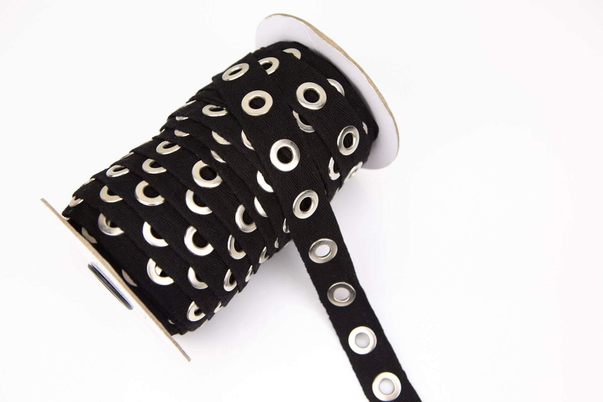 Black Large Cotton Grommet Tape Eyelet Cotton Twill Tape Trim by the Yard - Felinus Fabrics