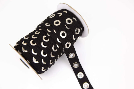 Black Large Cotton Grommet Tape Eyelet Cotton Twill Tape Trim by the Yard - Felinus Fabrics