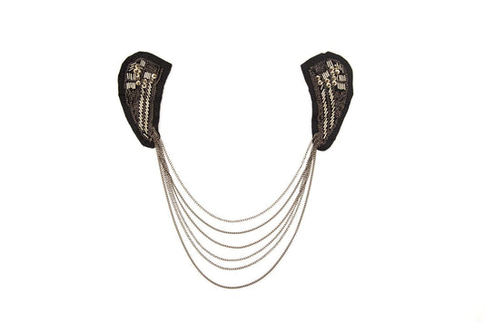 Black Gunmetal Beaded Applique with Necklace Chains Epaulette Patch - Felinus Fabrics